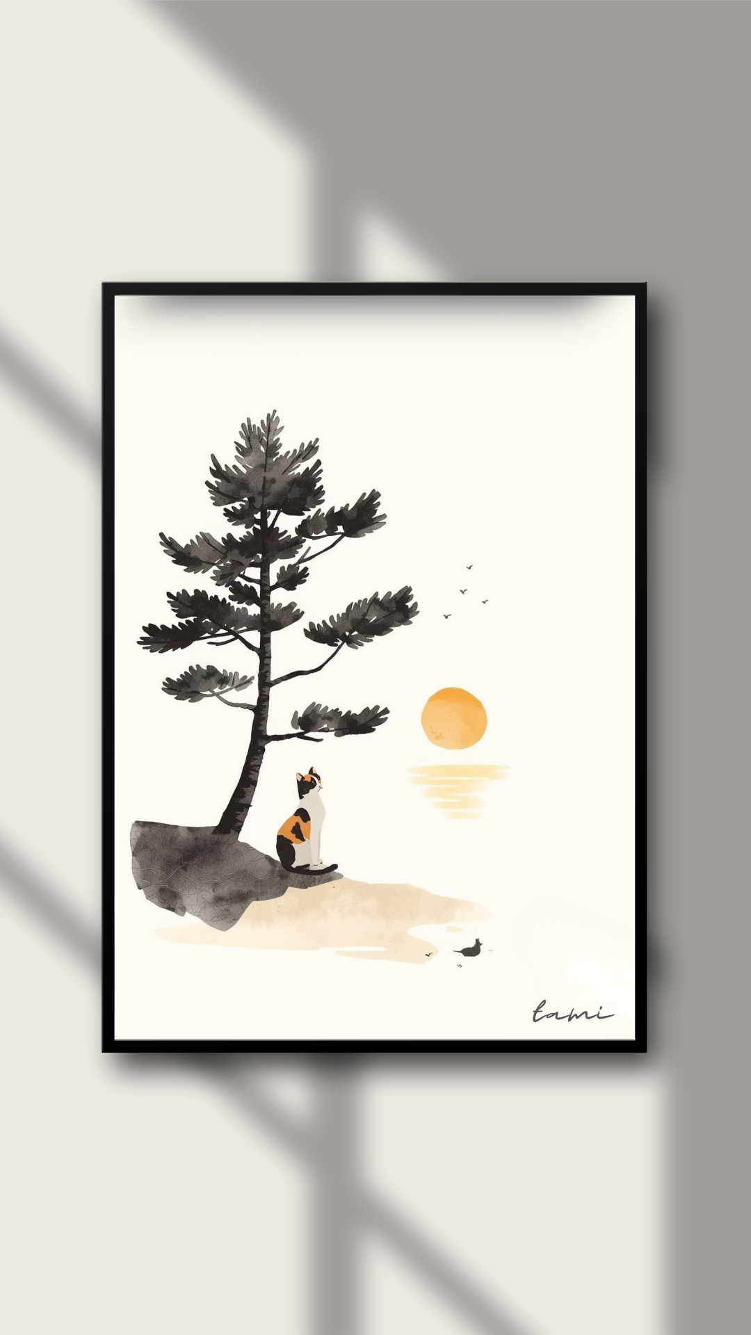 三毛猫と松の木