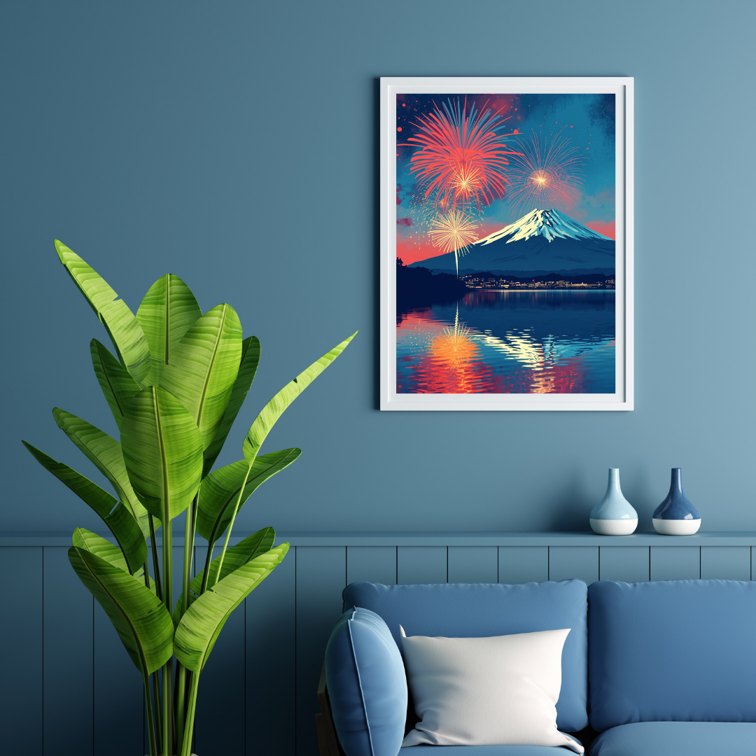 Fireworks & Fuji — Japanese Ukiyo-e Digital Art Print