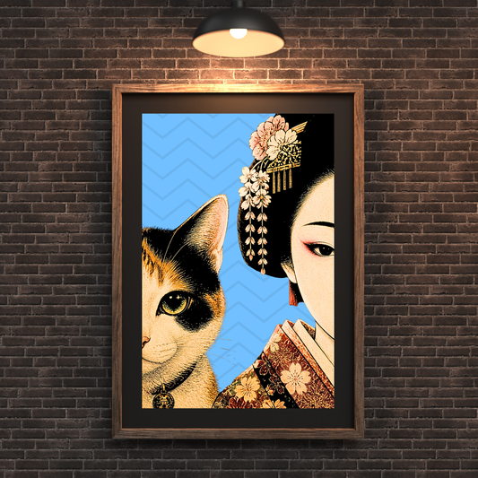 Maiko & Cat — Blue Sky — Japanese Digital Art Print