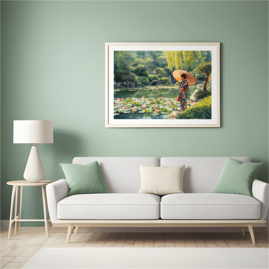 Lotus Pond & Woman in Kimono — Japanese Digital Art Print