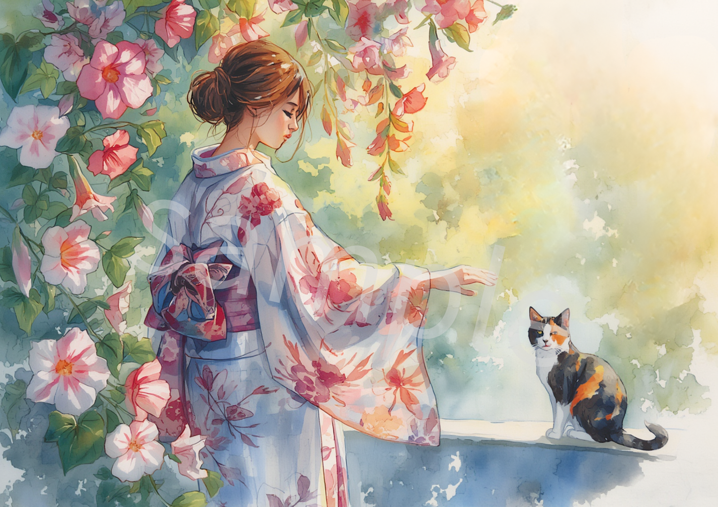 Morning Glory & Calico Cat — Japanese Digital Art Print