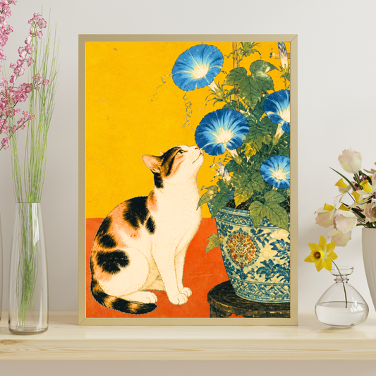 Calico Cat & Morning Glory — Japanese Digital Art Print