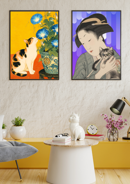 Calico Cat & Morning Glory — Japanese Digital Art Print