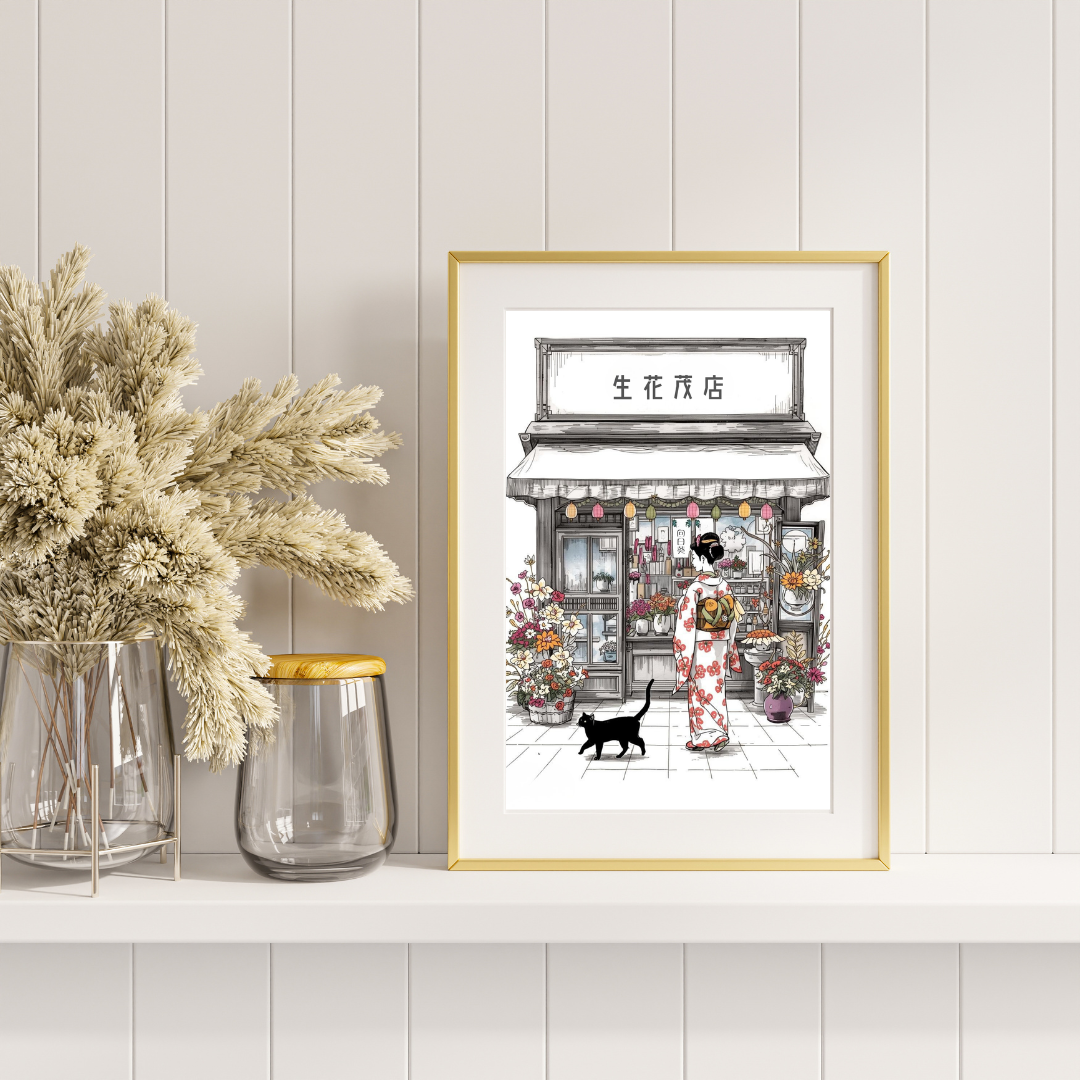 Black Cat &amp; Kyoto Flower Shop — Japanese Digital Art Print