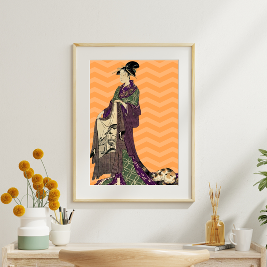 Calico Cat & Modern Geisha — Japanese Digital Art Print