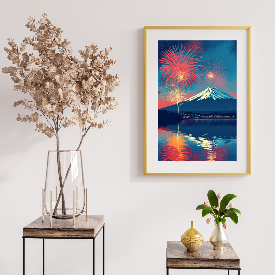 Fireworks &amp; Fuji — Japanese Ukiyo-e Digital Art Print