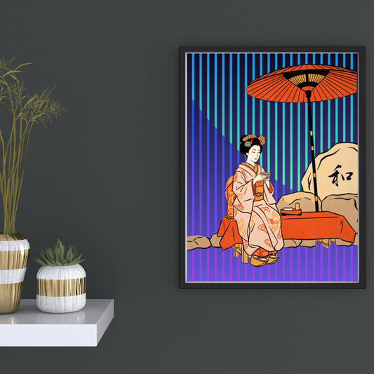 Harmony in the Neon Rain — Japanese Digital Art Print