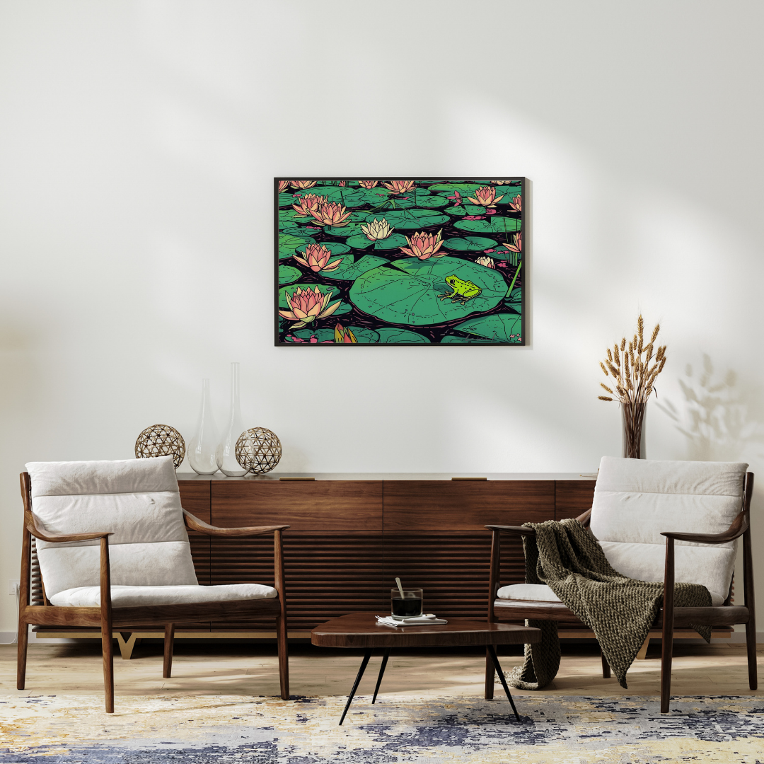 Water Lily &amp; Frog — Japanese Digital Art Print