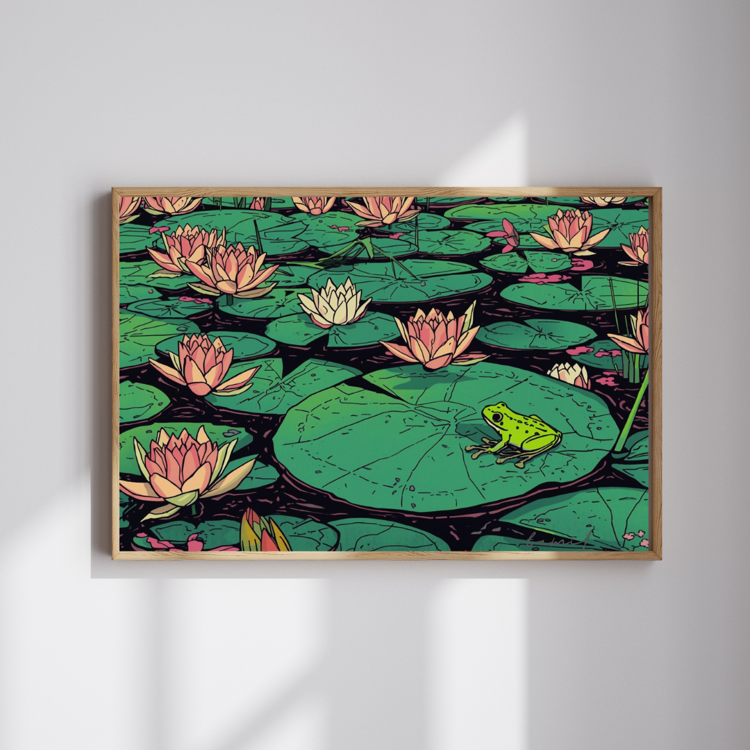 Water Lily &amp; Frog — Japanese Digital Art Print