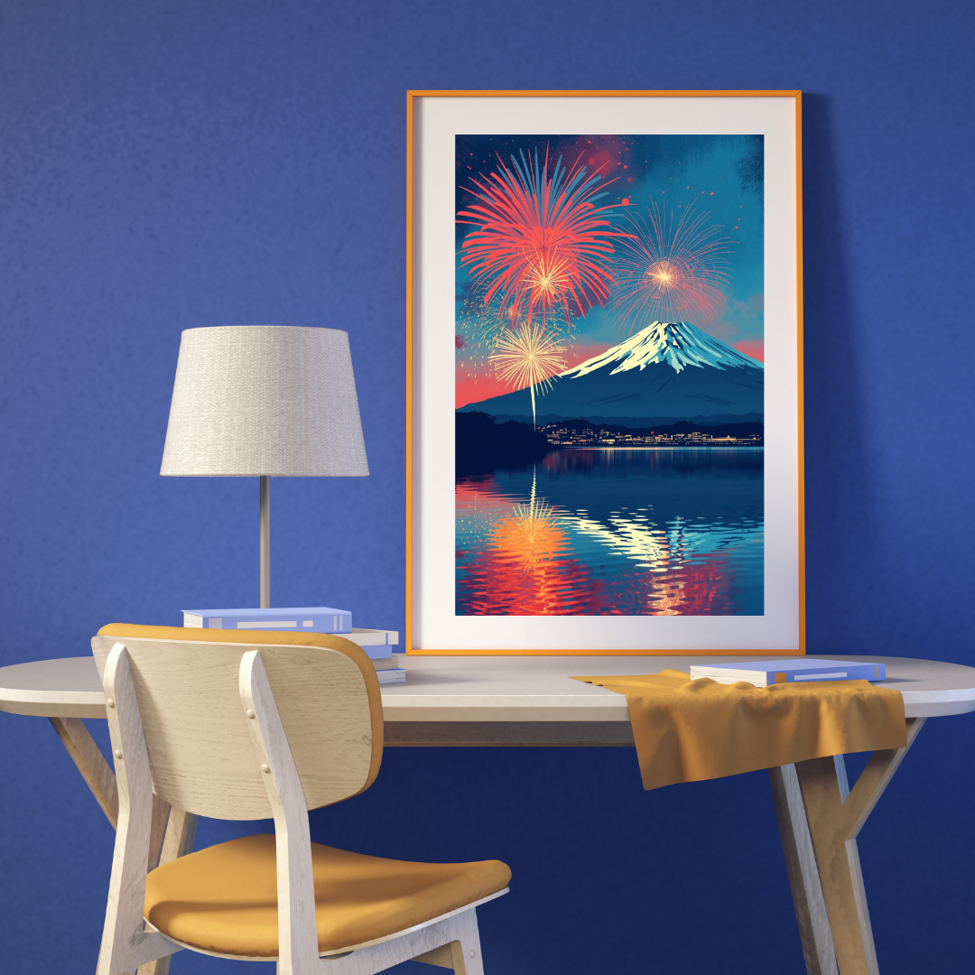 Fireworks &amp; Fuji — Japanese Ukiyo-e Digital Art Print