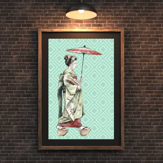 Celadon Lattice & Kyoto Breeze — Japanese Digital Art Print