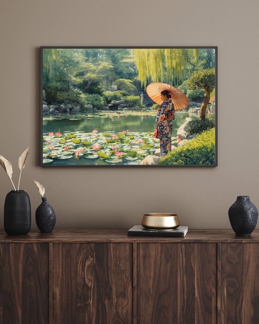 Lotus Pond & Woman in Kimono — Japanese Digital Art Print