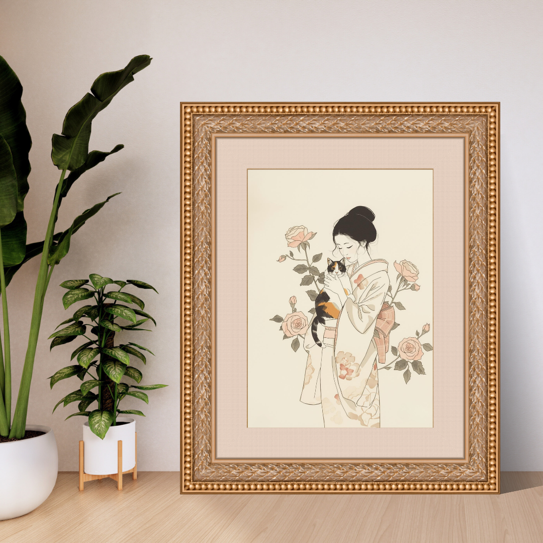 Calico Cat & Roses — Japanese Ink Painting Digital Art Print