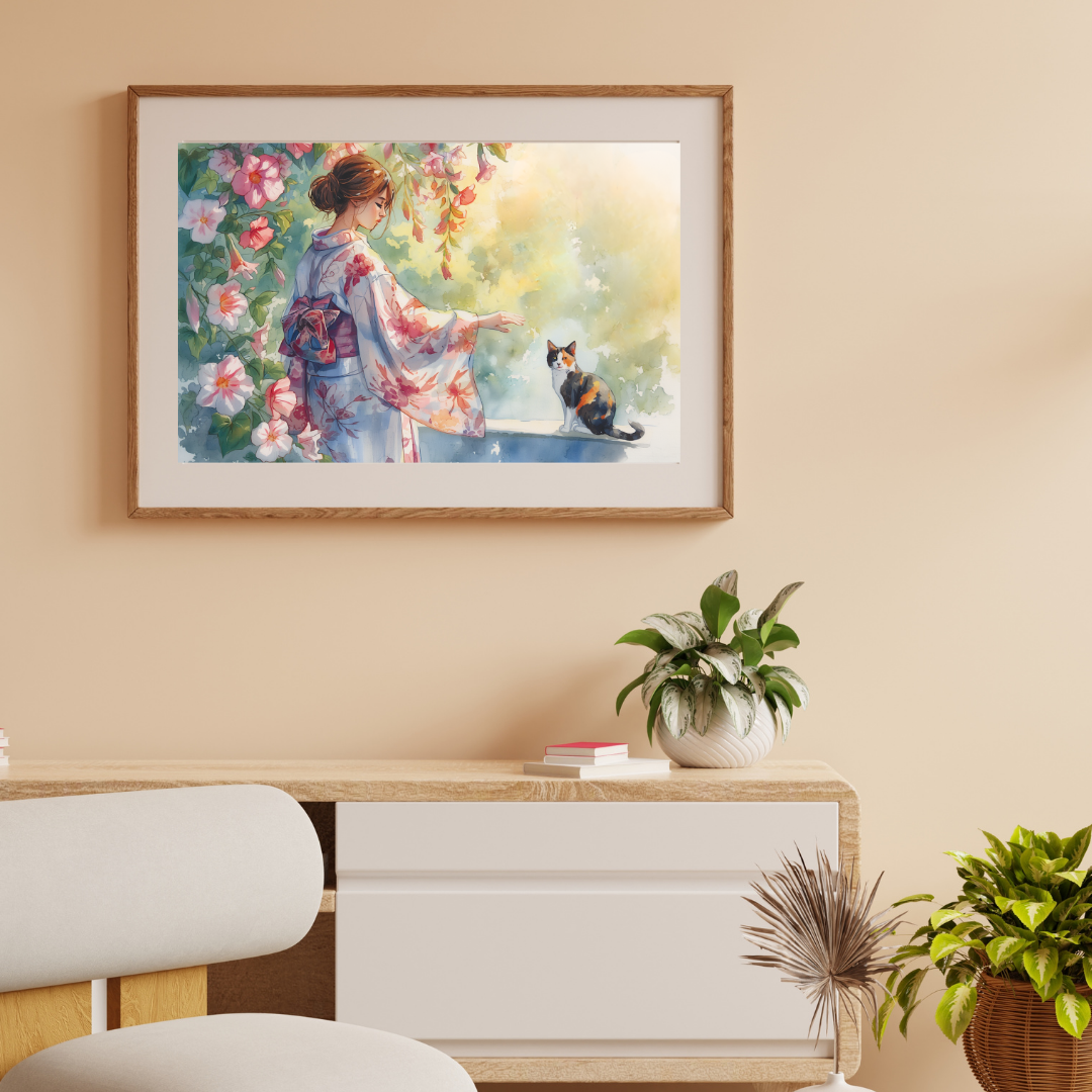 Morning Glory & Calico Cat — Japanese Digital Art Print