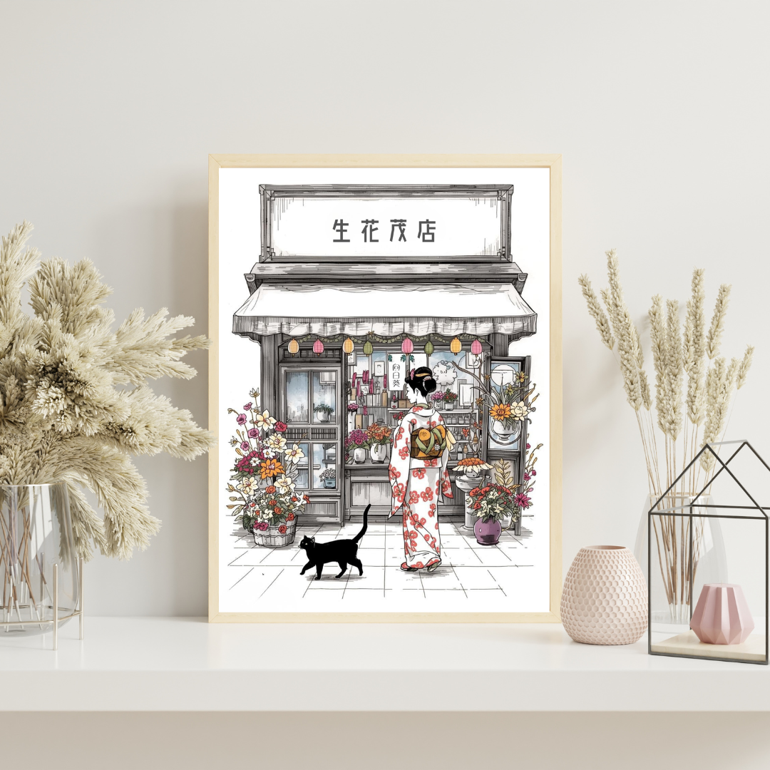 Black Cat &amp; Kyoto Flower Shop — Japanese Digital Art Print