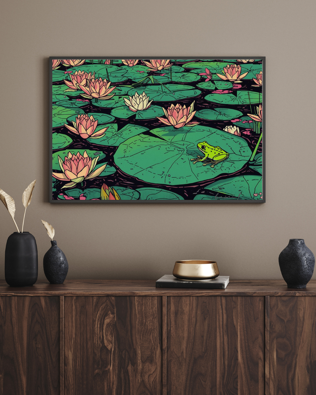 Water Lily &amp; Frog — Japanese Digital Art Print