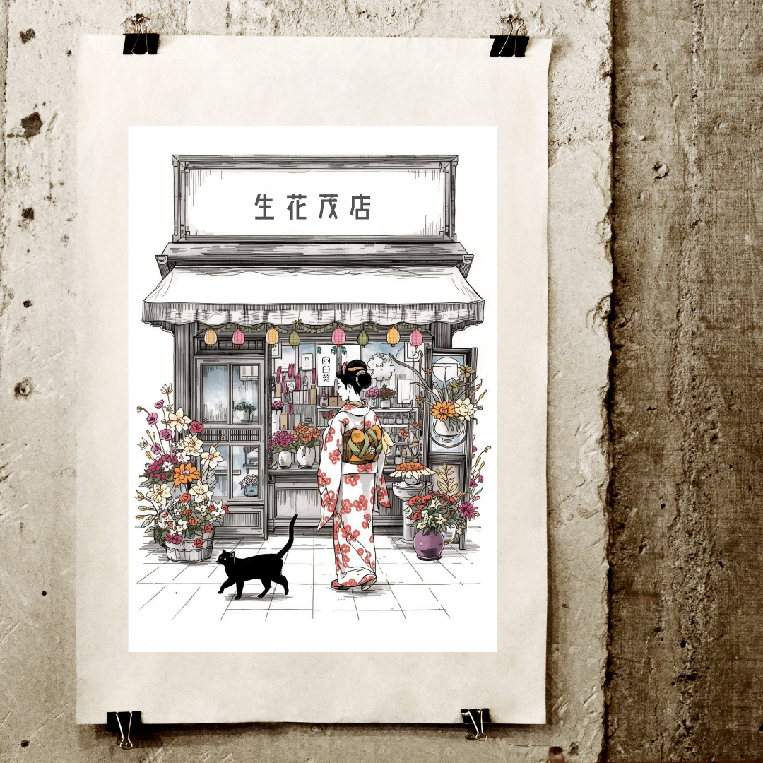 Black Cat &amp; Kyoto Flower Shop — Japanese Digital Art Print