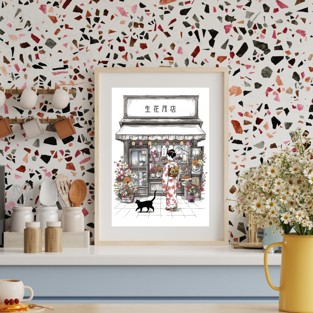 Black Cat &amp; Kyoto Flower Shop — Japanese Digital Art Print
