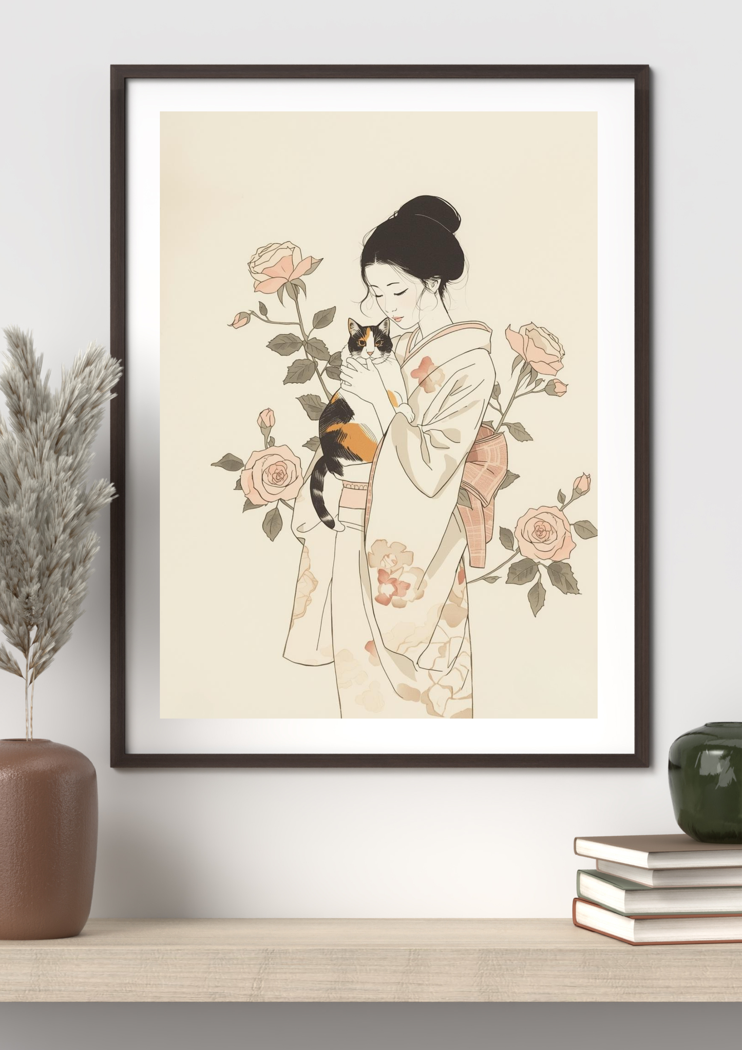 Calico Cat & Roses — Japanese Ink Painting Digital Art Print