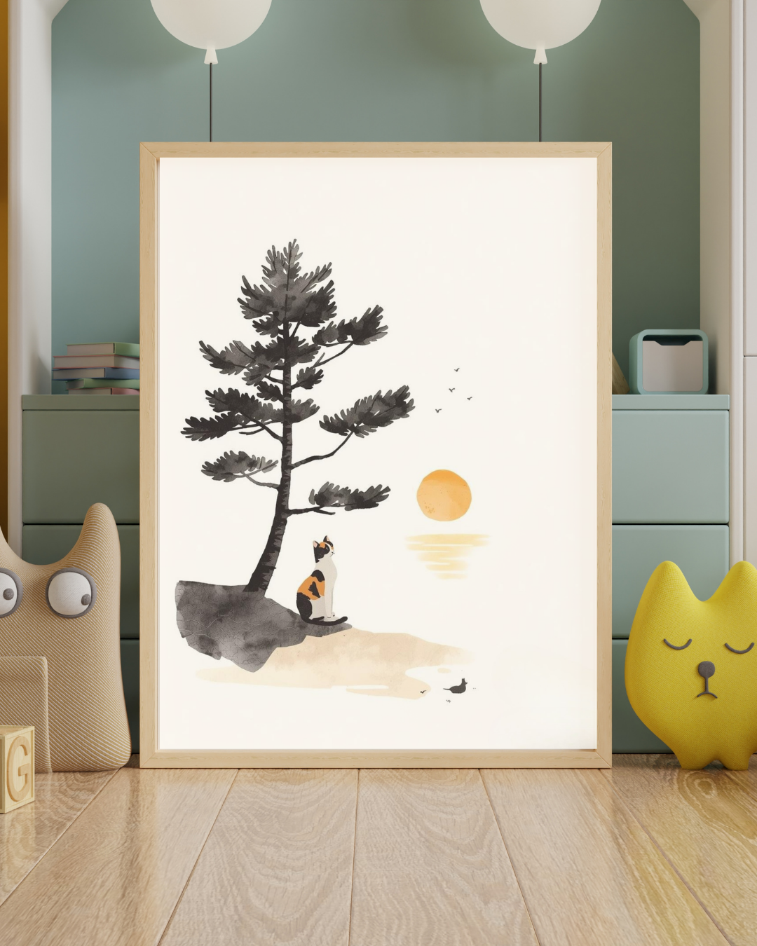 Calico Cat &amp; Pine Tree — Japanese Ink Painting Digital Art Print