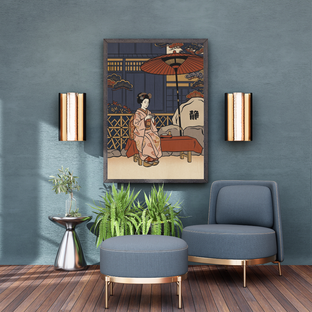 Maiko at Rest — 「静」(Shizuka / Stillness) Kanji Series — Japanese Digital Art Print