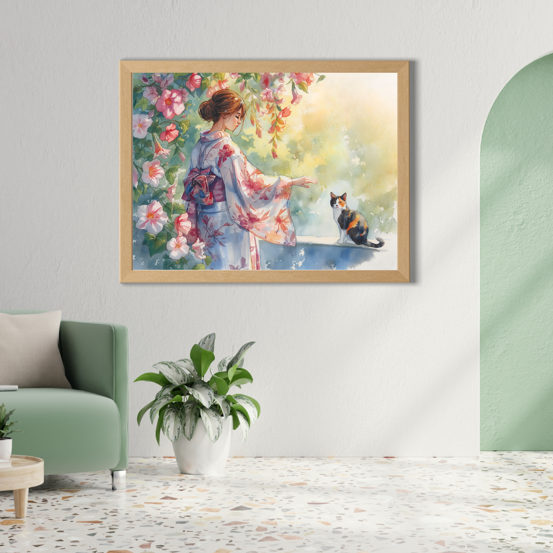 Morning Glory & Calico Cat — Japanese Digital Art Print