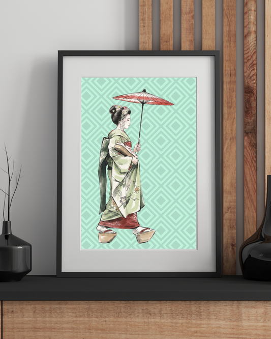 Celadon Lattice & Kyoto Breeze — Japanese Digital Art Print