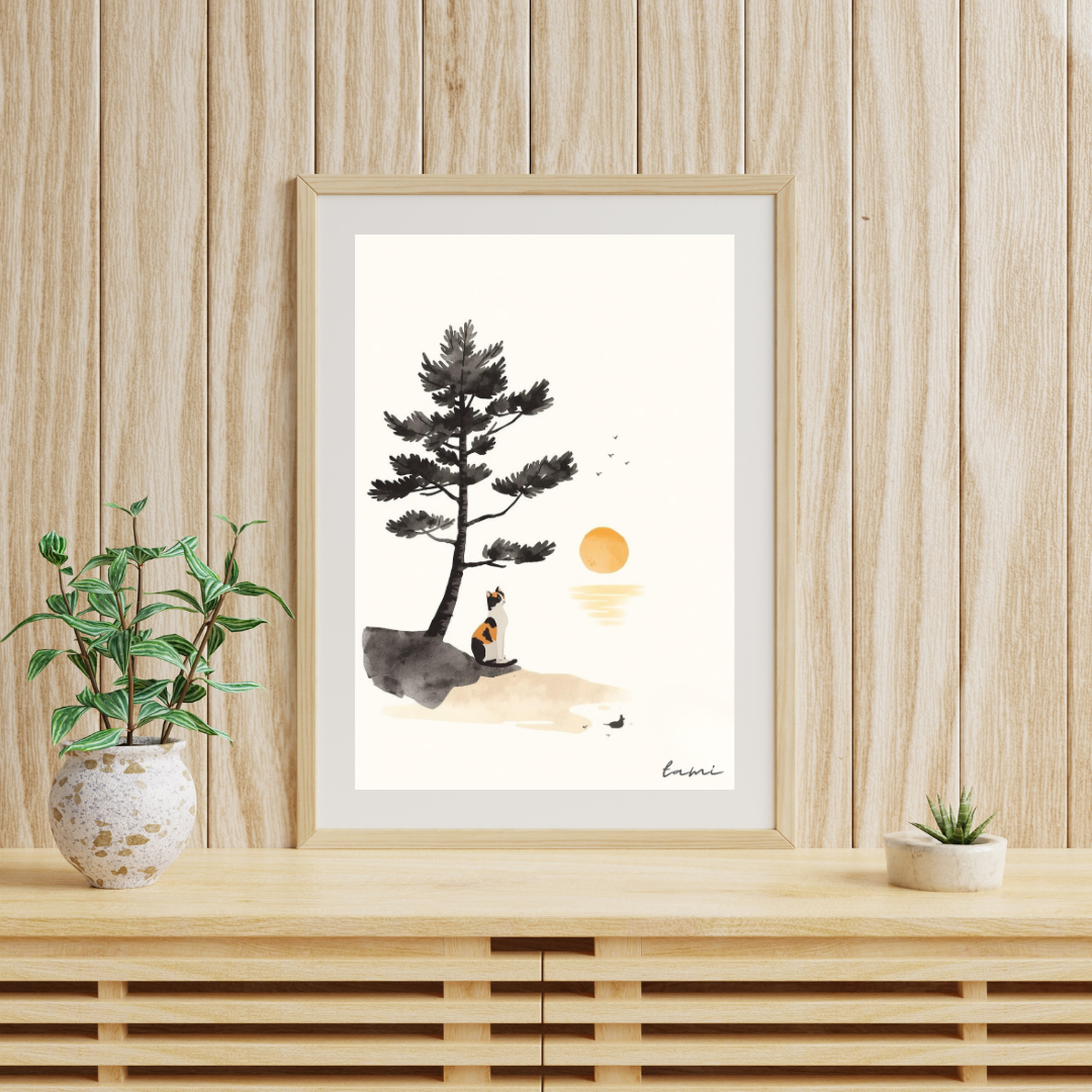 Calico Cat &amp; Pine Tree — Japanese Ink Painting Digital Art Print