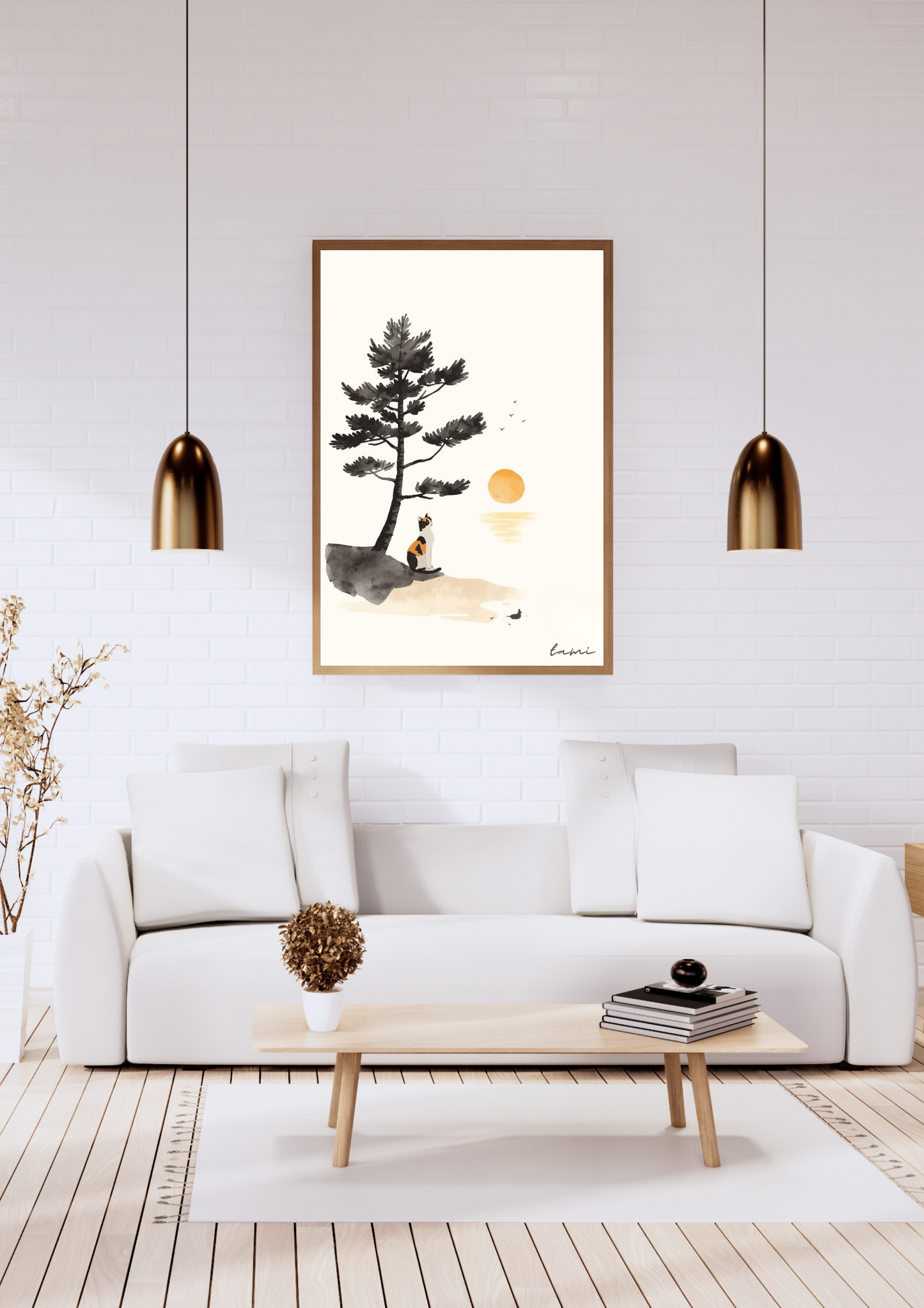 Calico Cat &amp; Pine Tree — Japanese Ink Painting Digital Art Print