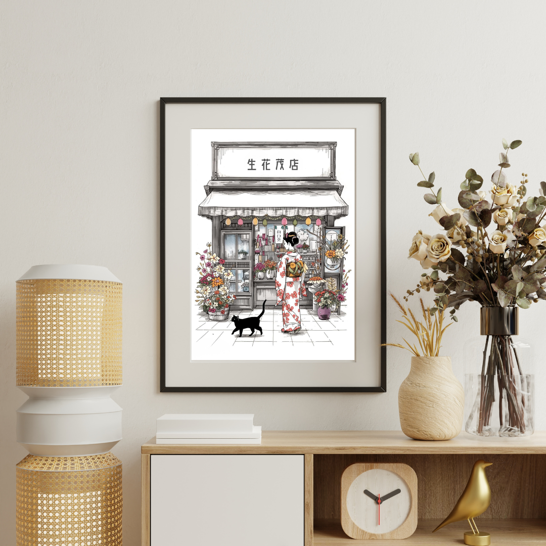 Black Cat &amp; Kyoto Flower Shop — Japanese Digital Art Print